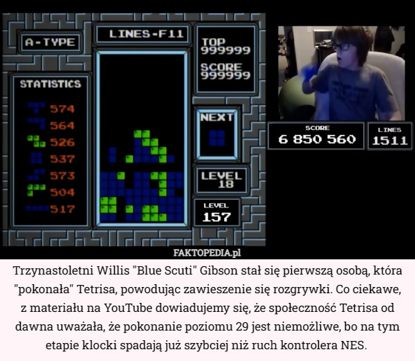 Trzynastoletni Willis "Blue Scuti" Gibson stał się pierwszą osobą, która "pokonała" Tetrisa, powodując zawieszenie się rozgrywki. Co ciekawe,
 z materiału na YouTube dowiadujemy się, że społeczność Tetrisa od dawna uważała, że pokonanie poziomu 29 jest niemożliwe, bo na tym etapie klocki spadają już szybciej niż ruch kontrolera NES.  
